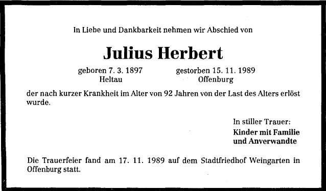 Herbert Julius 1897-1989 Todesanzeige